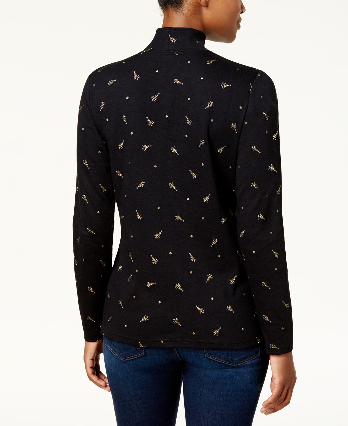 Blusa feminina Karen Scott com estampa de árvore e gola alta, preta, tamanho pequeno P