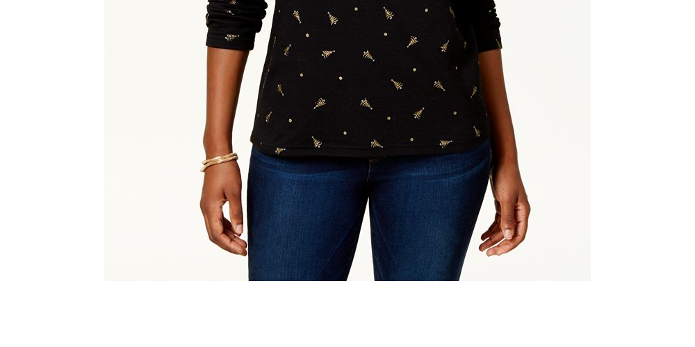 Blusa feminina Karen Scott com estampa de árvore e gola alta, preta, tamanho pequeno P
