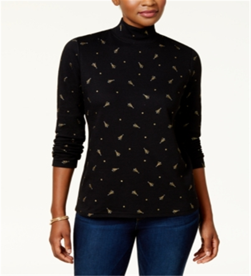 Blusa feminina Karen Scott com estampa de árvore e gola alta, preta, tamanho pequeno P