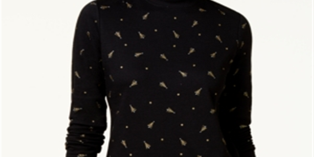 Blusa feminina Karen Scott com estampa de árvore e gola alta, preta, tamanho pequeno P