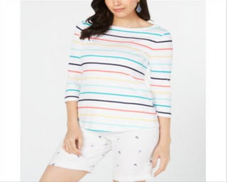 Charter Club Blusa listrada de algodão feminina, branca, tamanho pequeno GG