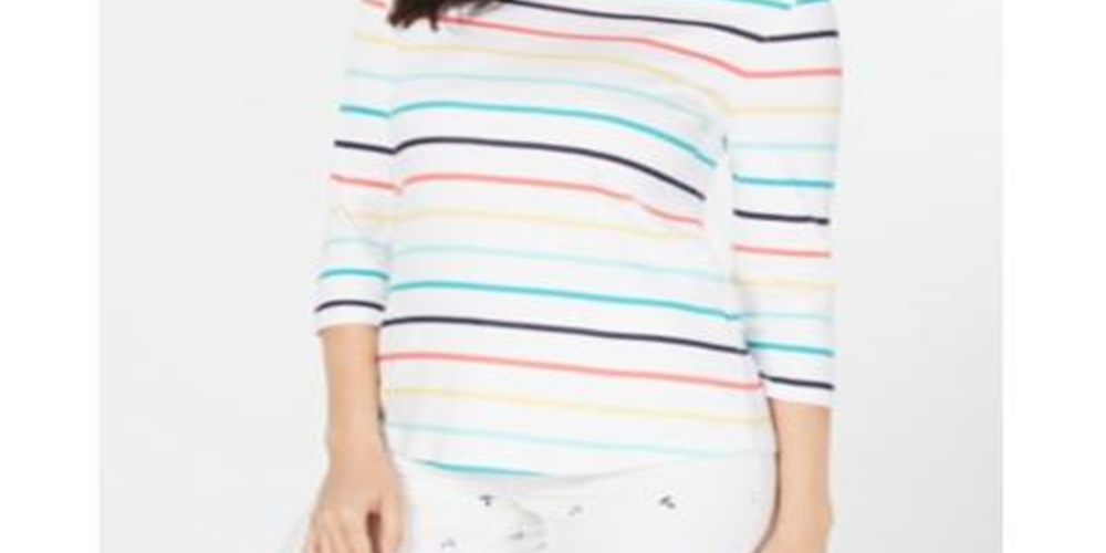 Charter Club Blusa listrada de algodão feminina, branca, tamanho pequeno GG