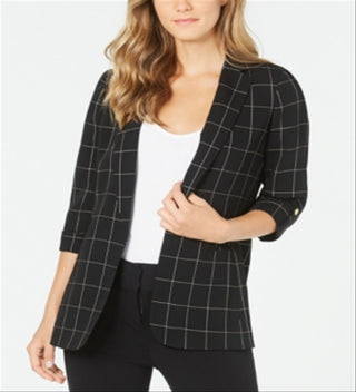 Calvin Klein Blazer Feminino Windowpane Roll Tab Preto Tamanho 16