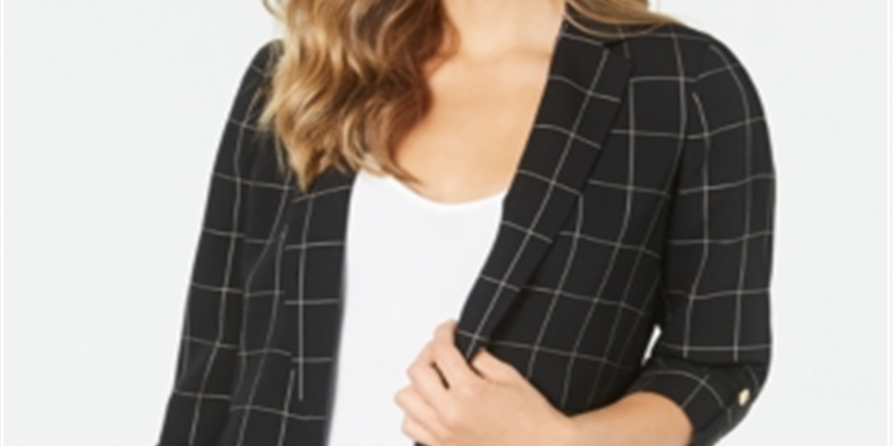 Calvin Klein Blazer Feminino Windowpane Roll Tab Preto Tamanho 16