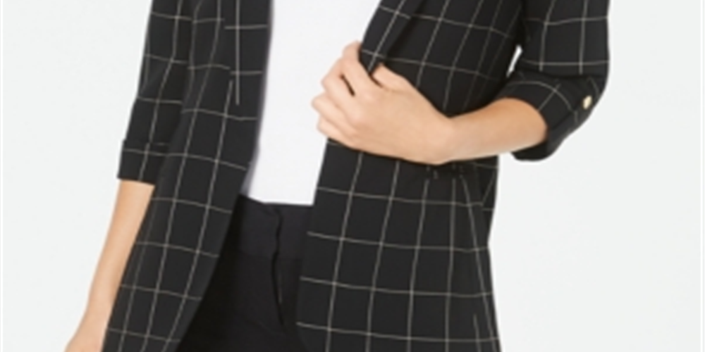 Calvin Klein Blazer Feminino Windowpane Roll Tab Preto Tamanho 16