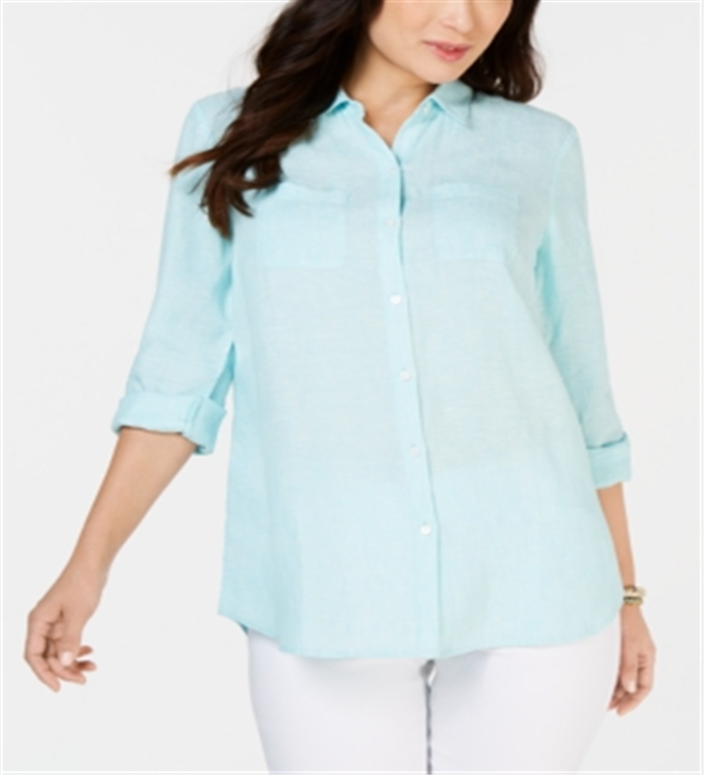 Camisa de linho feminina Charter Club, azul, tamanho X-S