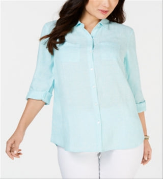 Camisa de linho feminina Charter Club, azul, tamanho X-S