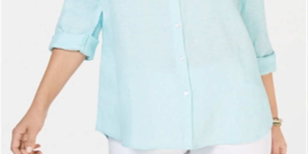 Camisa de linho feminina Charter Club, azul, tamanho X-S