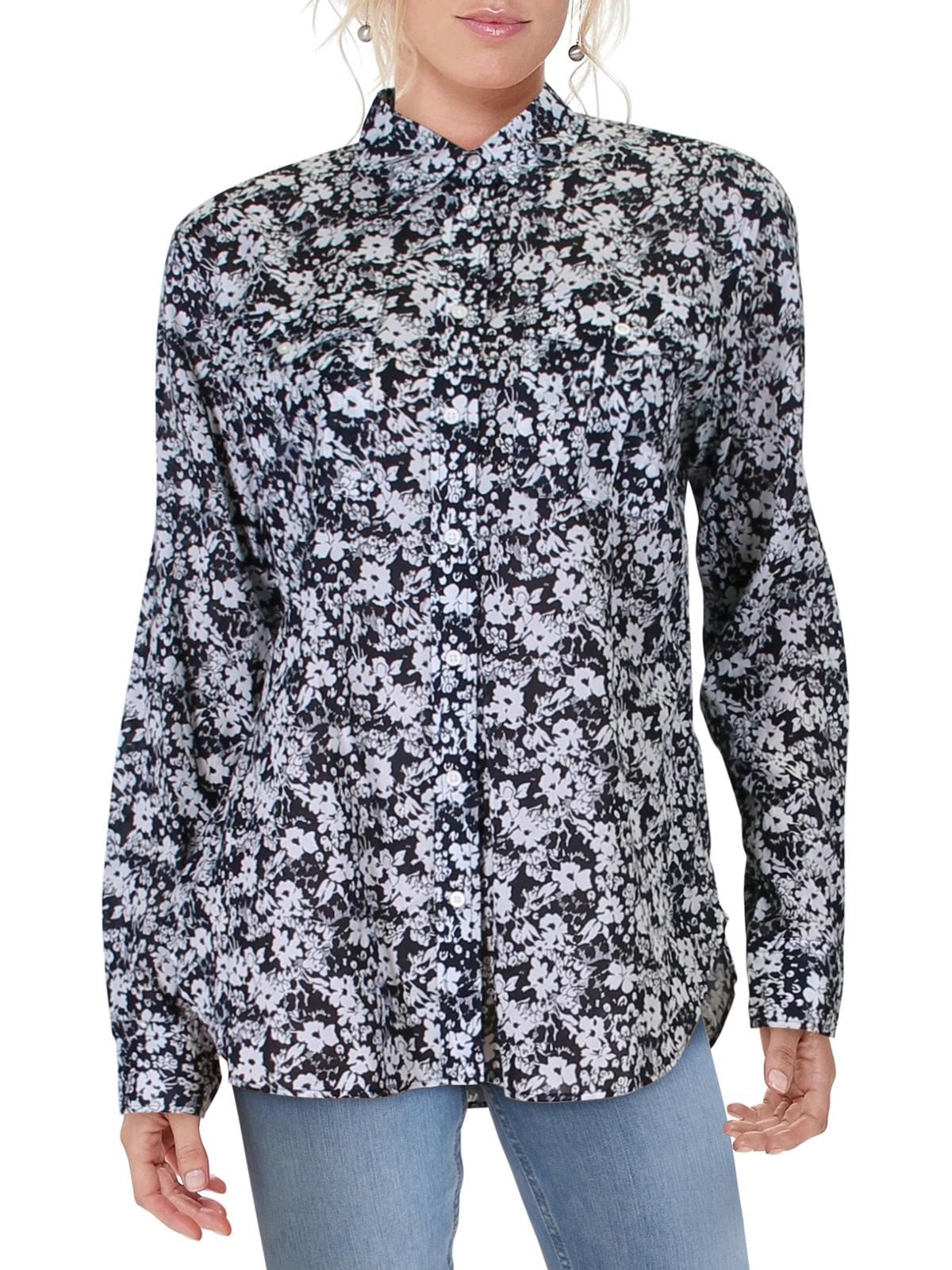 Ralph Lauren Feminino Courtenay Estampa Floral Gola Botões Blusa Azul Marinho - Creme Tamanho Médio