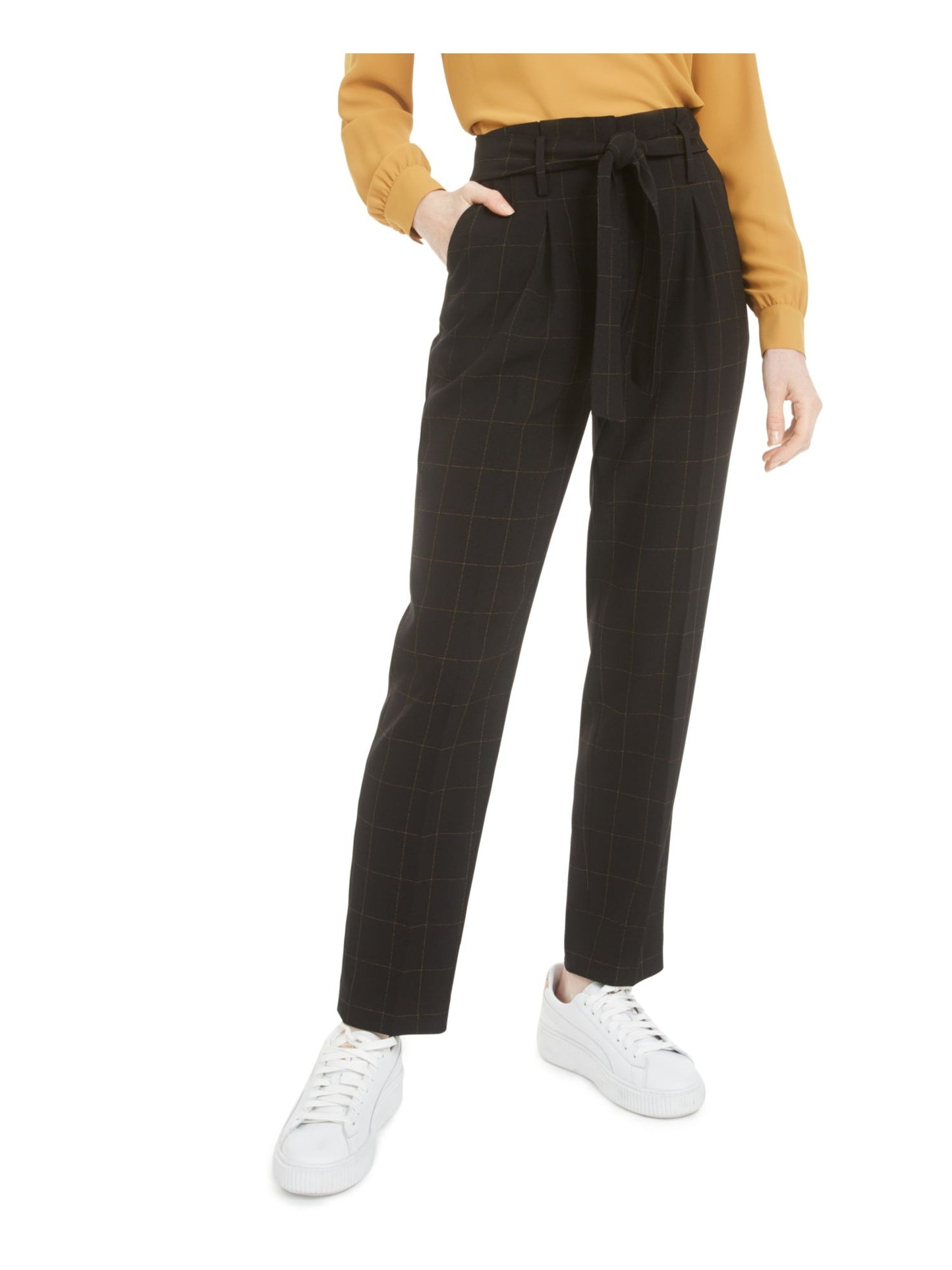Calça feminina Bar III xadrez com zíper e bolsos, para usar no trabalho, perna reta, preta, tamanho 6