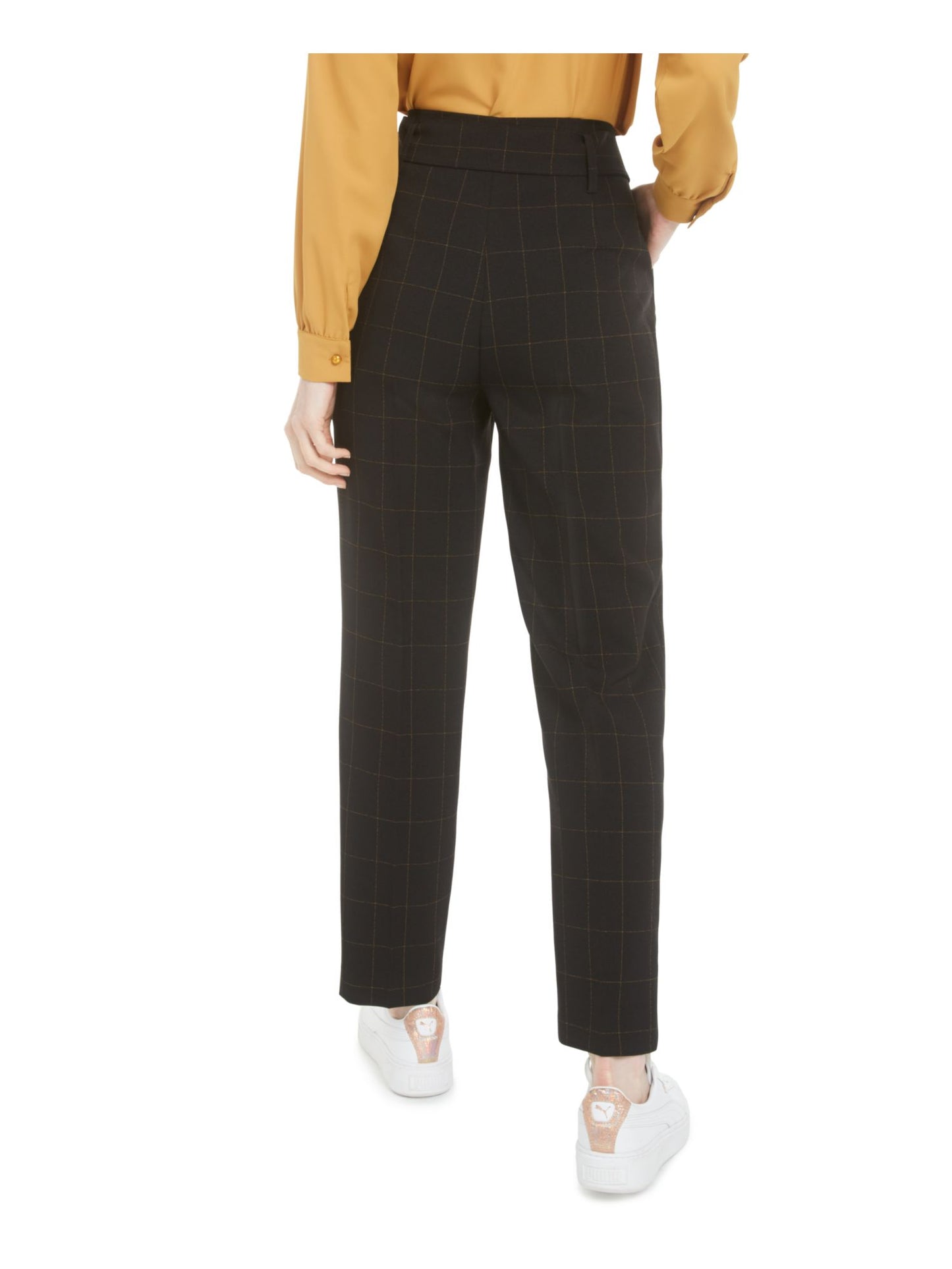 Calça feminina Bar III xadrez com zíper e bolsos, para usar no trabalho, perna reta, preta, tamanho 6