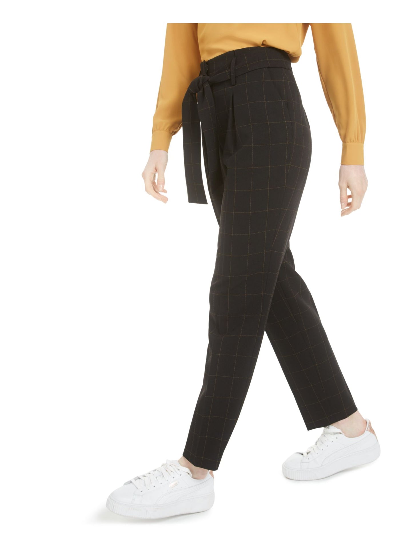 Calça feminina Bar III xadrez com zíper e bolsos, para usar no trabalho, perna reta, preta, tamanho 6