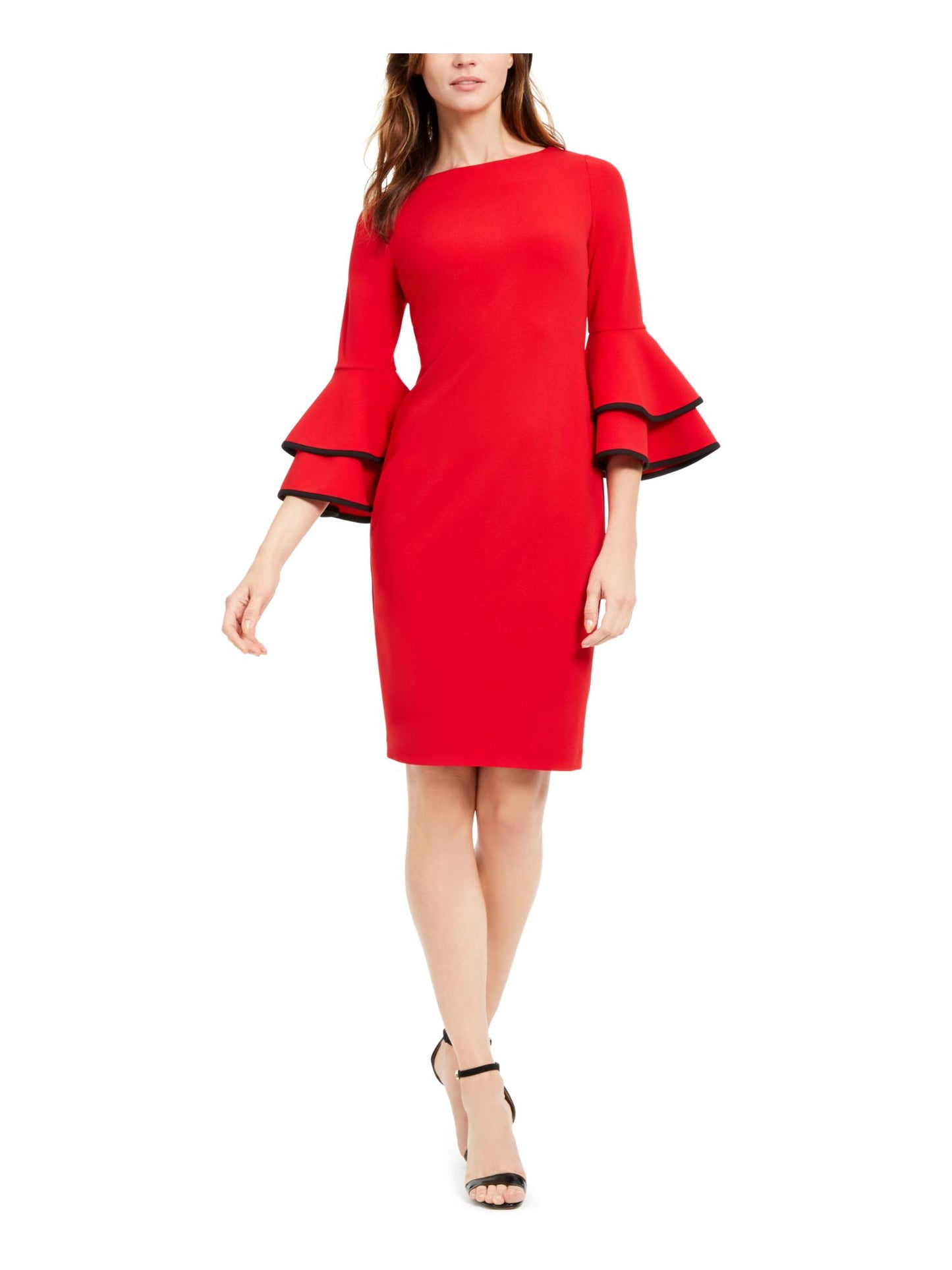 Vestido de festa Calvin Klein feminino com manga sino e bainha acima do joelho, vermelho, tamanho 8
