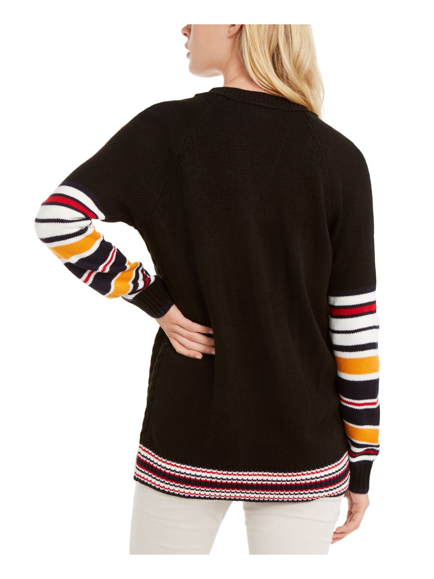 Tommy Hilfiger Suéter Feminino com Logo Bordado e Acabamento Contrastado, Preto, Tamanho X-S