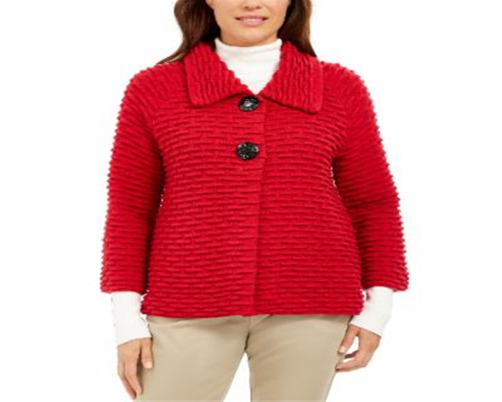 Jaqueta suéter texturizada feminina JM Collection para festa de fim de ano, vermelha, tamanho X-S