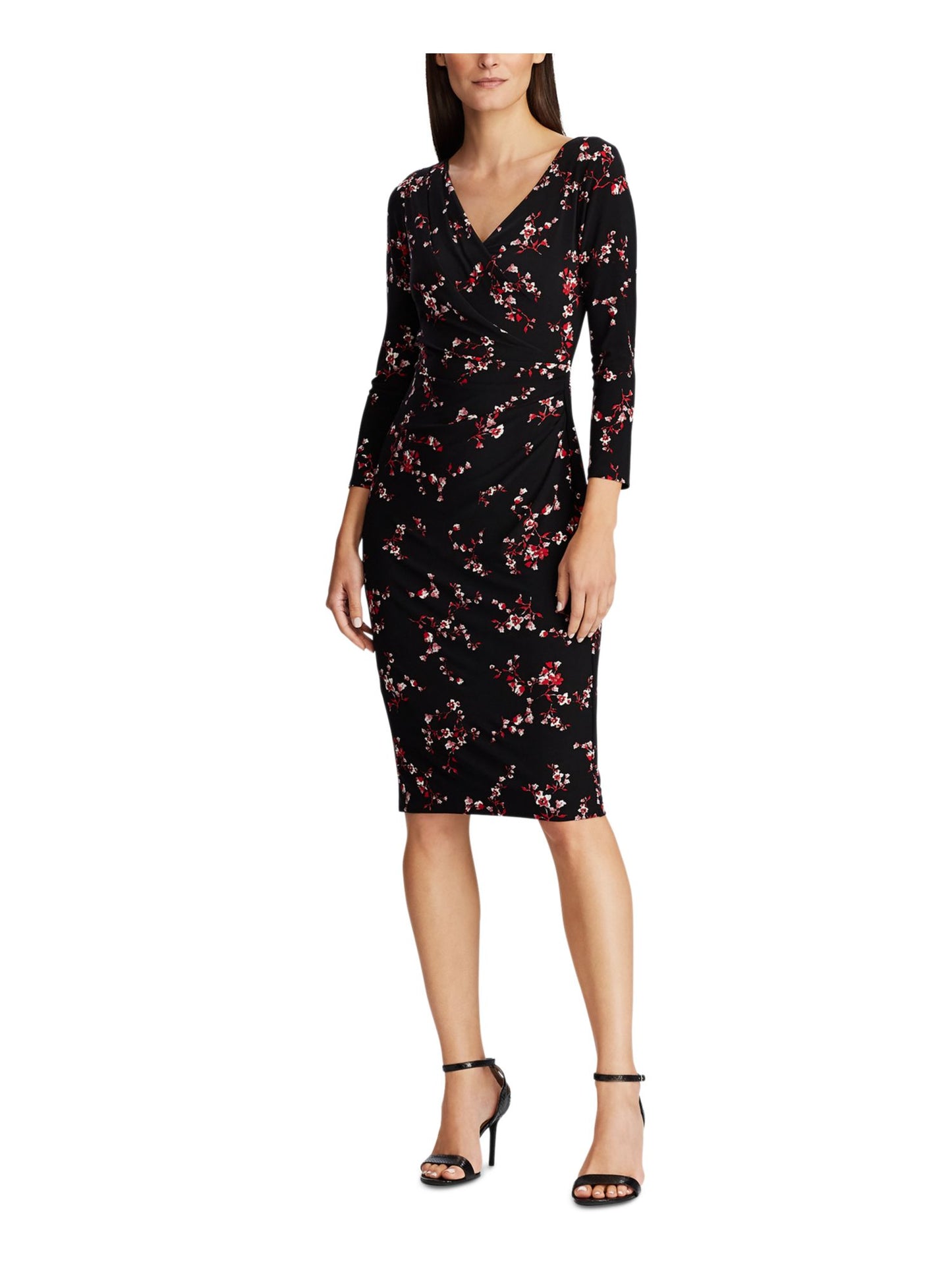 Vestido de festa feminino Ralph Lauren com estampa floral, manga 3/4, decote em V, acima do joelho, preto, tamanho 0