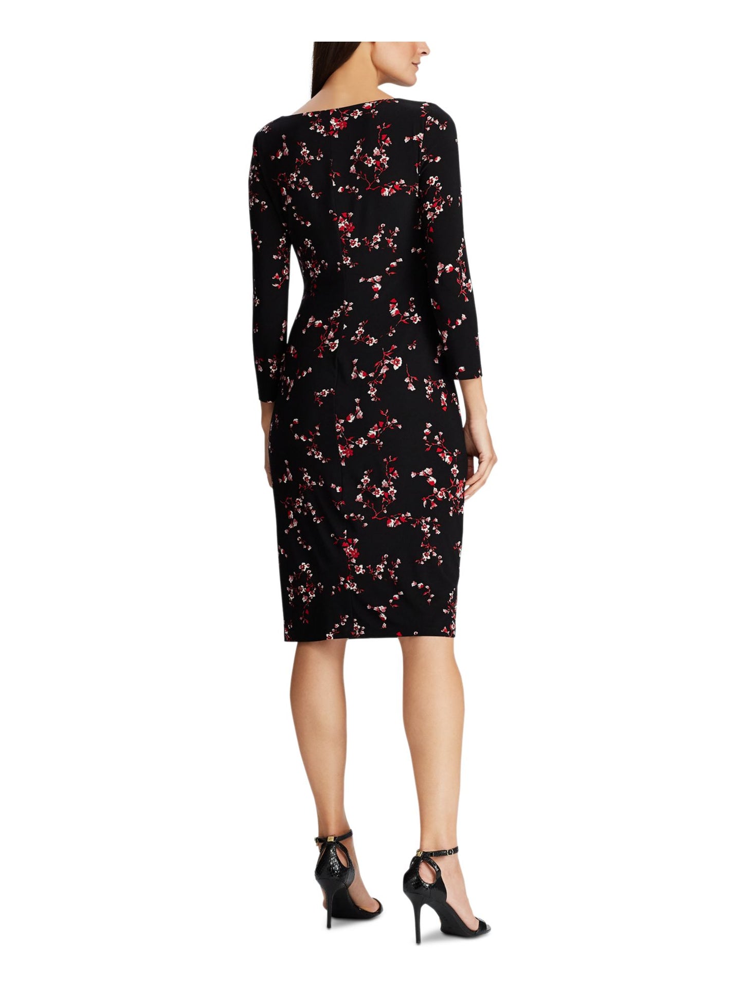 Vestido de festa feminino Ralph Lauren com estampa floral, manga 3/4, decote em V, acima do joelho, preto, tamanho 0