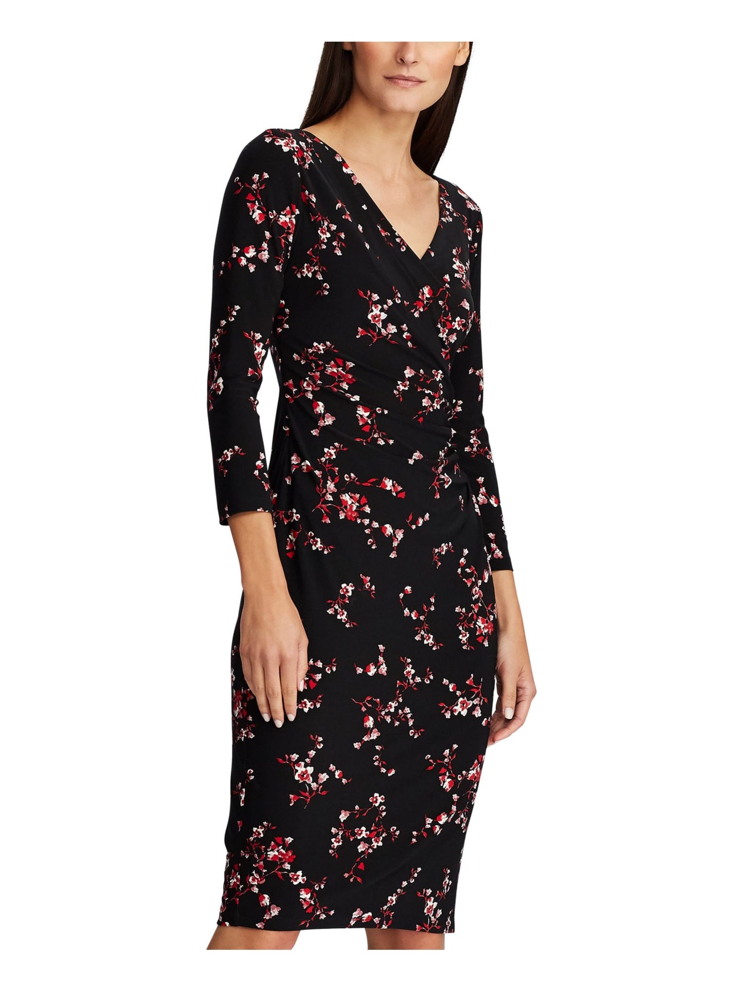 Vestido de festa feminino Ralph Lauren com estampa floral, manga 3/4, decote em V, acima do joelho, preto, tamanho 0