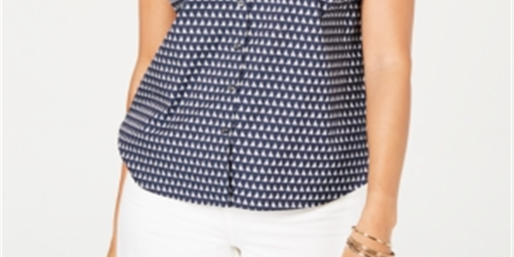 Camisa feminina com estampa de veleiro Charter Club, azul, tamanho 14, pequena