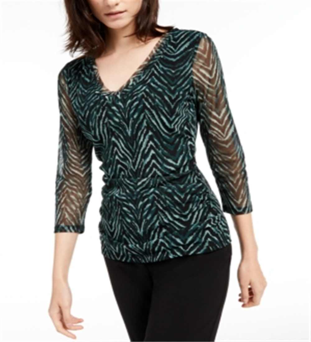 INC International Concepts Top feminino com decote em V e camada dupla, verde, tamanho pequeno, extragrande