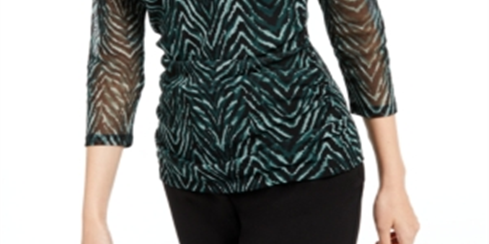 INC International Concepts Top feminino com decote em V e camada dupla, verde, tamanho pequeno, extragrande