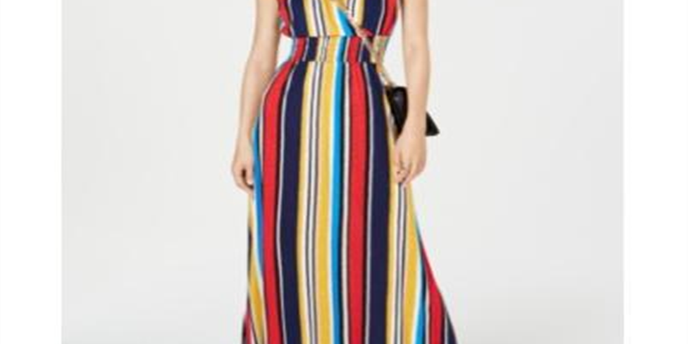 Vestido longo listrado com babados INC International Concepts para mulheres, tamanho pequeno, vermelho