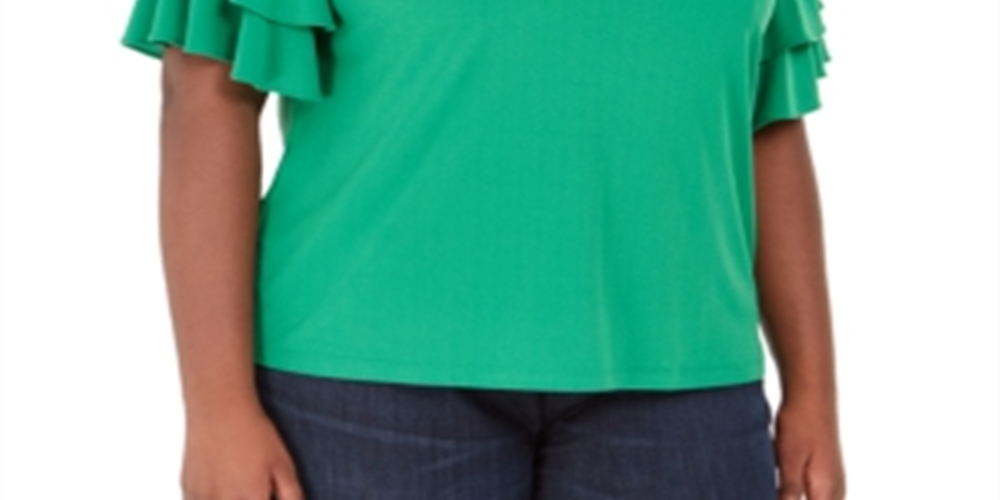 Blusa feminina plus size com mangas franzidas e babados da INC International Concepts, verde, tamanho único