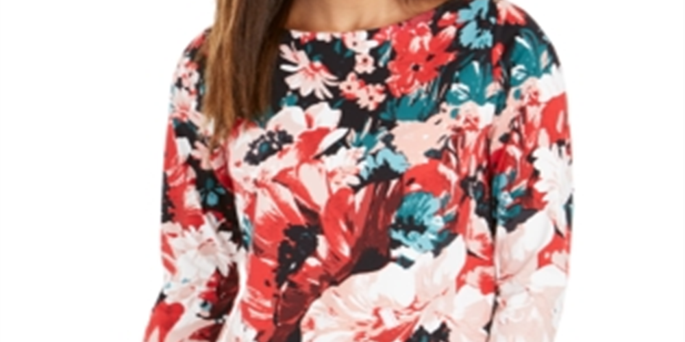Charter Club Blusa feminina com estampa floral e decote canoa, vermelha, tamanho grande