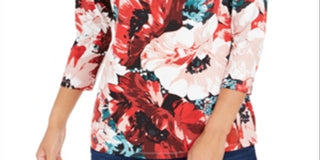 Charter Club Blusa feminina com estampa floral e decote canoa, vermelha, tamanho grande