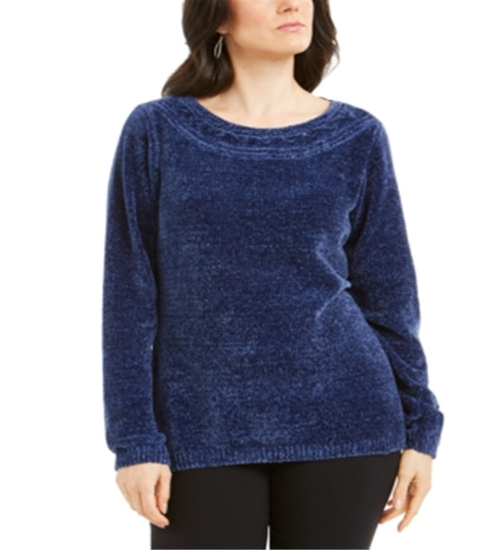 Karen Scott Suéter Feminino Gola Canoa Chenille Azul Tamanho XX-G