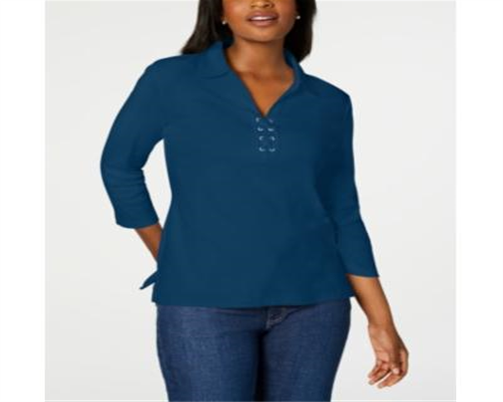 Camisa feminina Karen Scott de algodão com cadarço, verde, tamanho pequeno