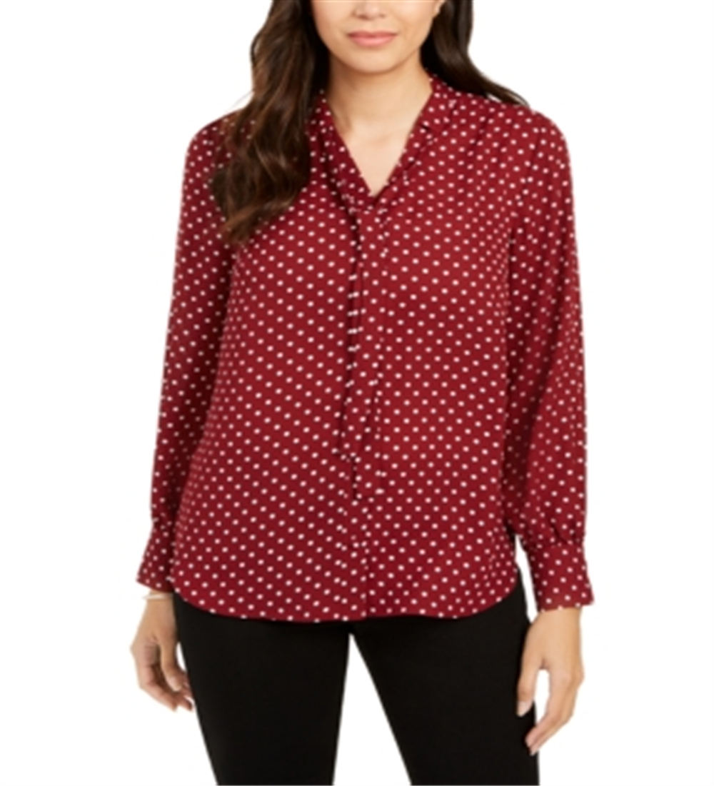 Blusa feminina com estampa de bolinhas e gola amarrada, vermelha, tamanho pequeno