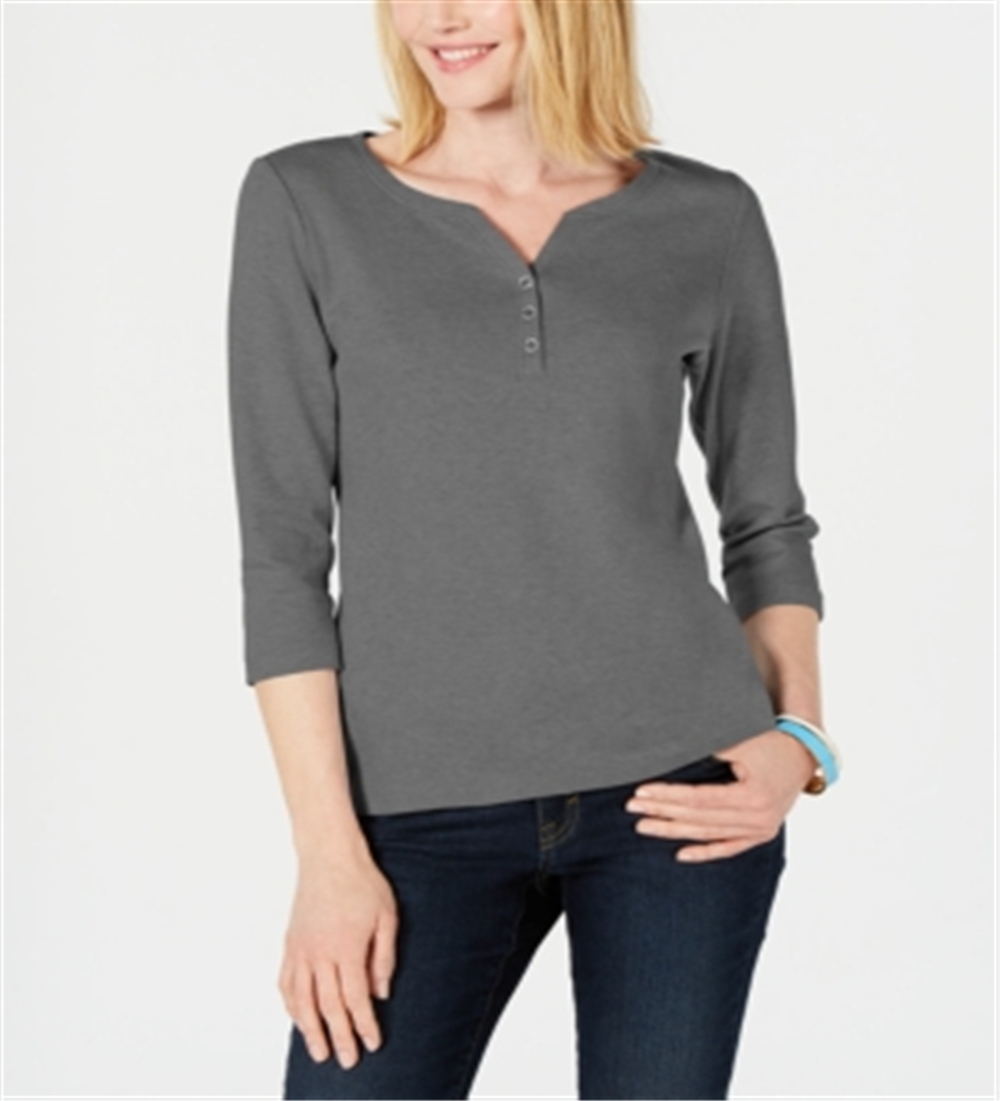 Karen Scott Top Henley de Algodão Feminino Cinza Escuro Tamanho X-S