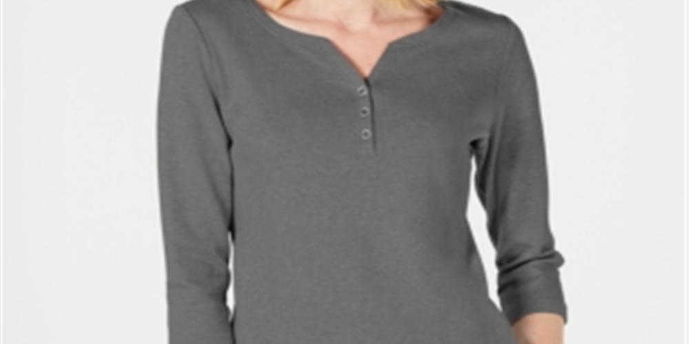 Karen Scott Top Henley de Algodão Feminino Cinza Escuro Tamanho X-S