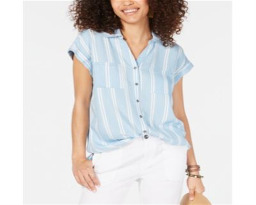 Camisa feminina de manga curta Style &amp; Co Relax Stripe Azul Tamanho X-S
