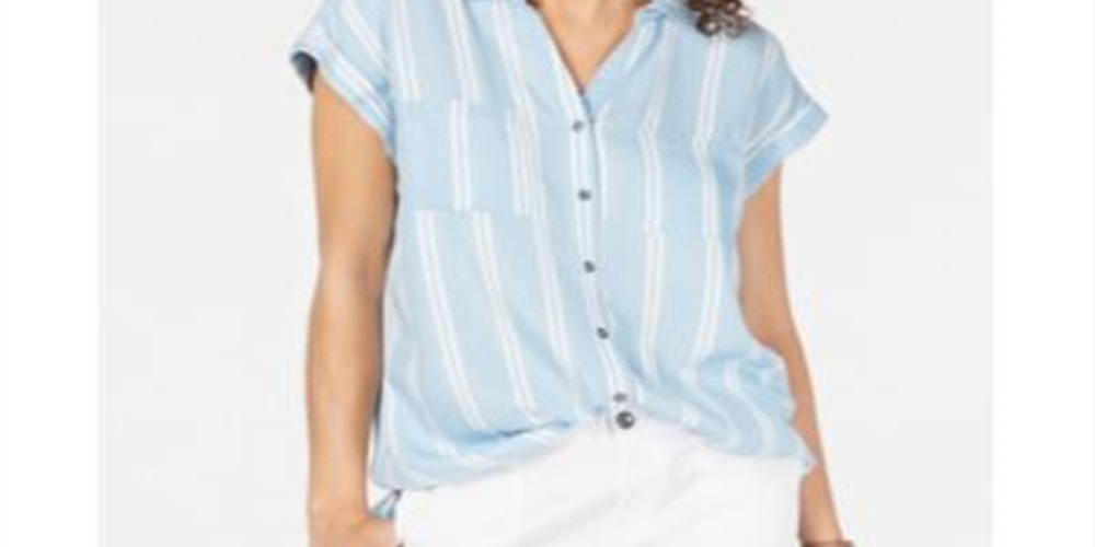 Camisa feminina de manga curta Style &amp; Co Relax Stripe Azul Tamanho X-S