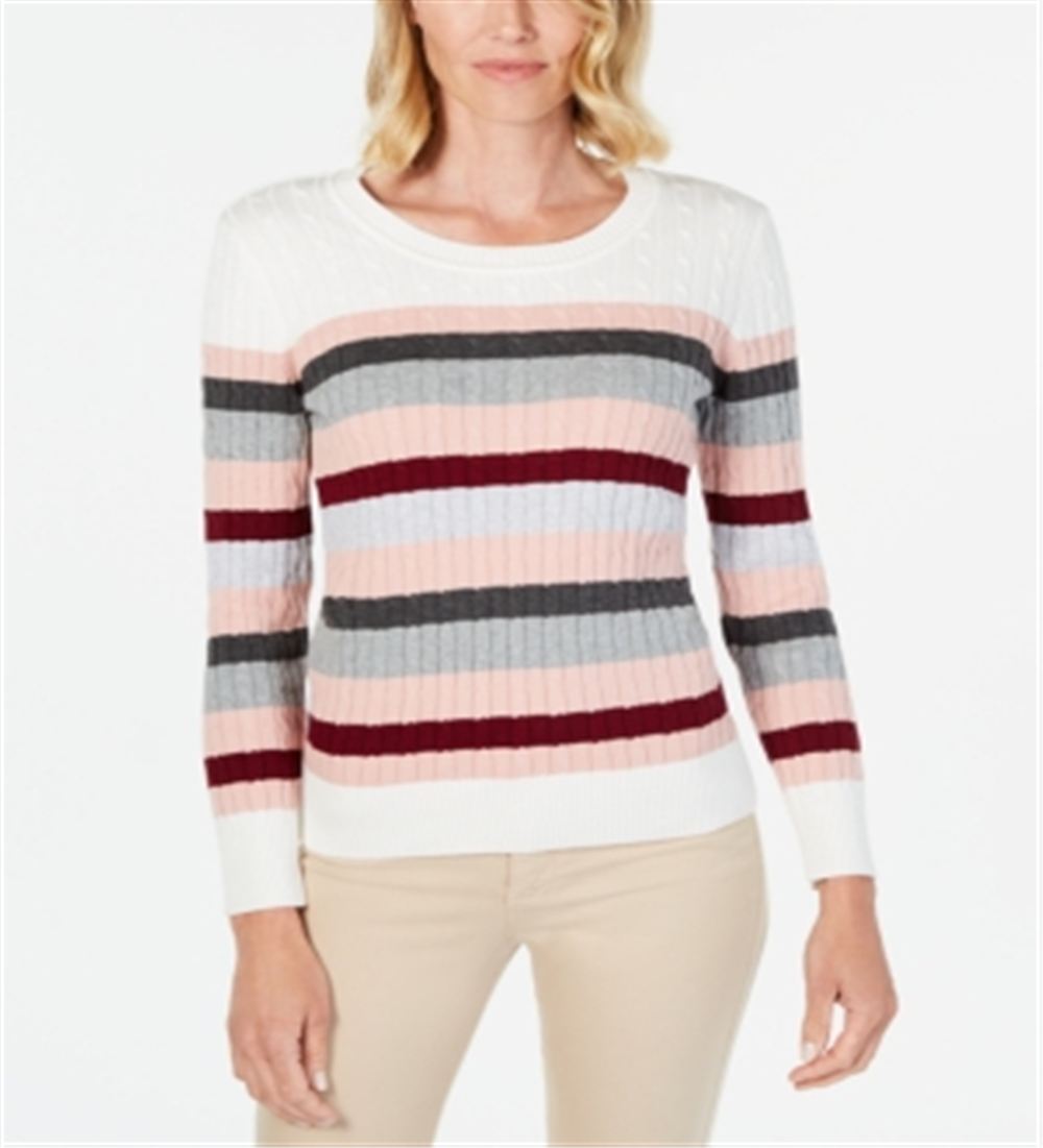 Karen Scott Suéter Feminino Listrado de Algodão em Tricô Cinza Tamanho Grande Pequeno GG