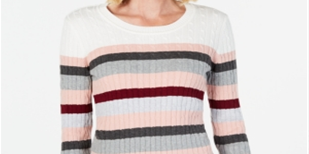 Karen Scott Suéter Feminino Listrado de Algodão em Tricô Cinza Tamanho Grande Pequeno GG