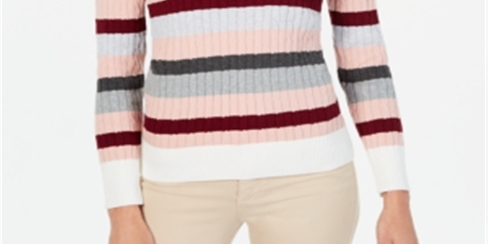 Karen Scott Suéter Feminino Listrado de Algodão em Tricô Cinza Tamanho Grande Pequeno GG