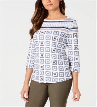 Charter Club Blusa feminina estampada com manga 3/4, branca, tamanho pequeno M