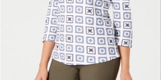 Charter Club Blusa feminina estampada com manga 3/4, branca, tamanho pequeno M