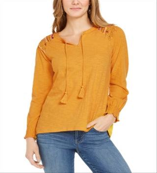 Style & Co Women's Embroidered Shoulder Top Yellow Size Small