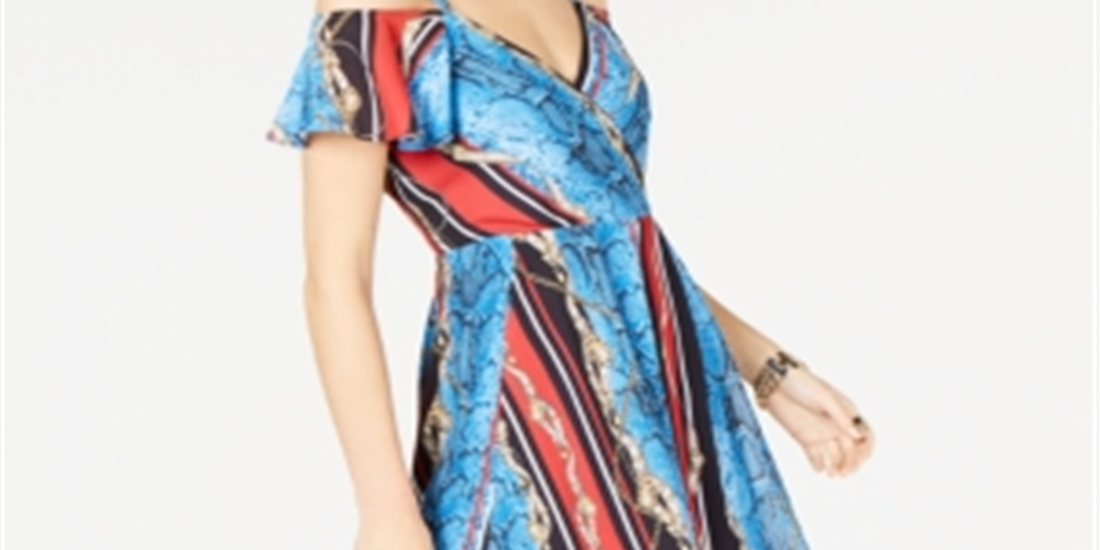 Vestido feminino estampado com ombros descobertos da INC International Concepts, azul, vários tamanhos, 12, pequeno