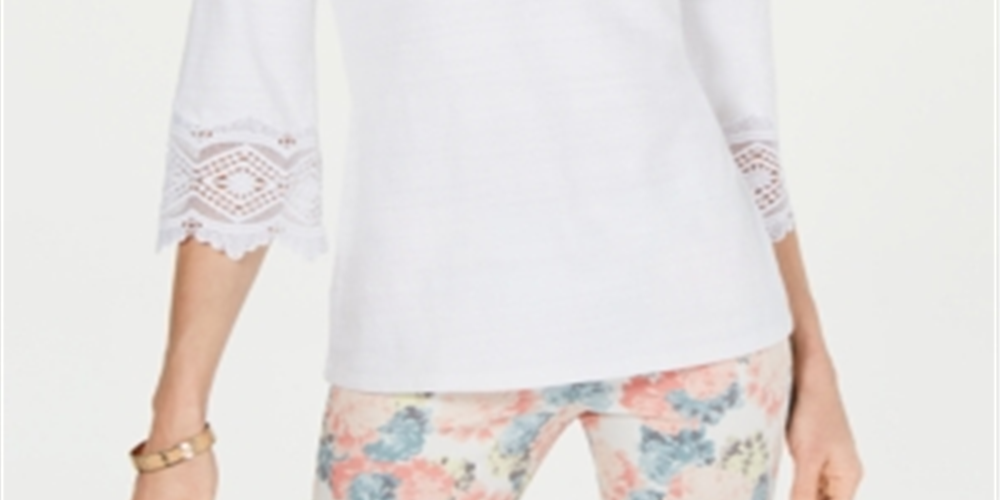 Top feminino Charter Club com manga de renda, branco, tamanho pequeno P