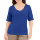 Blusa feminina Karen Scott com decote em V e detalhe de botão, azul, tamanho X-S