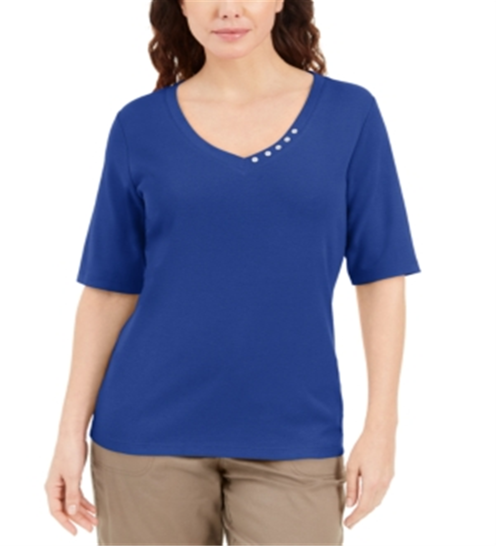 Blusa feminina Karen Scott com decote em V e detalhe de botão, azul, tamanho X-S