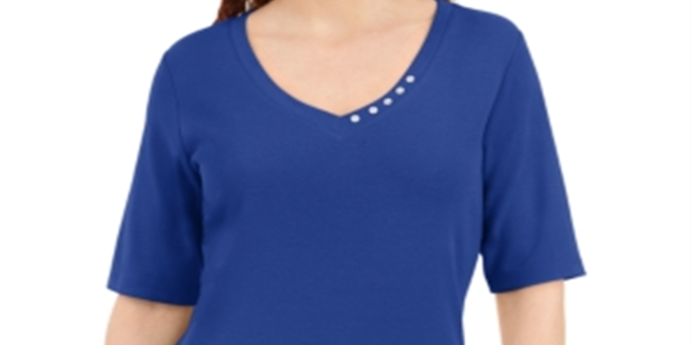 Blusa feminina Karen Scott com decote em V e detalhe de botão, azul, tamanho X-S