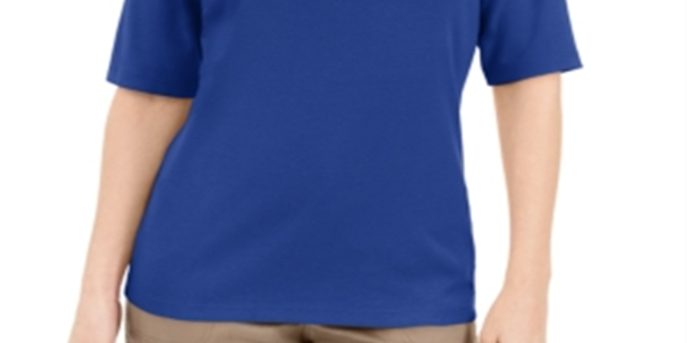 Blusa feminina Karen Scott com decote em V e detalhe de botão, azul, tamanho X-S