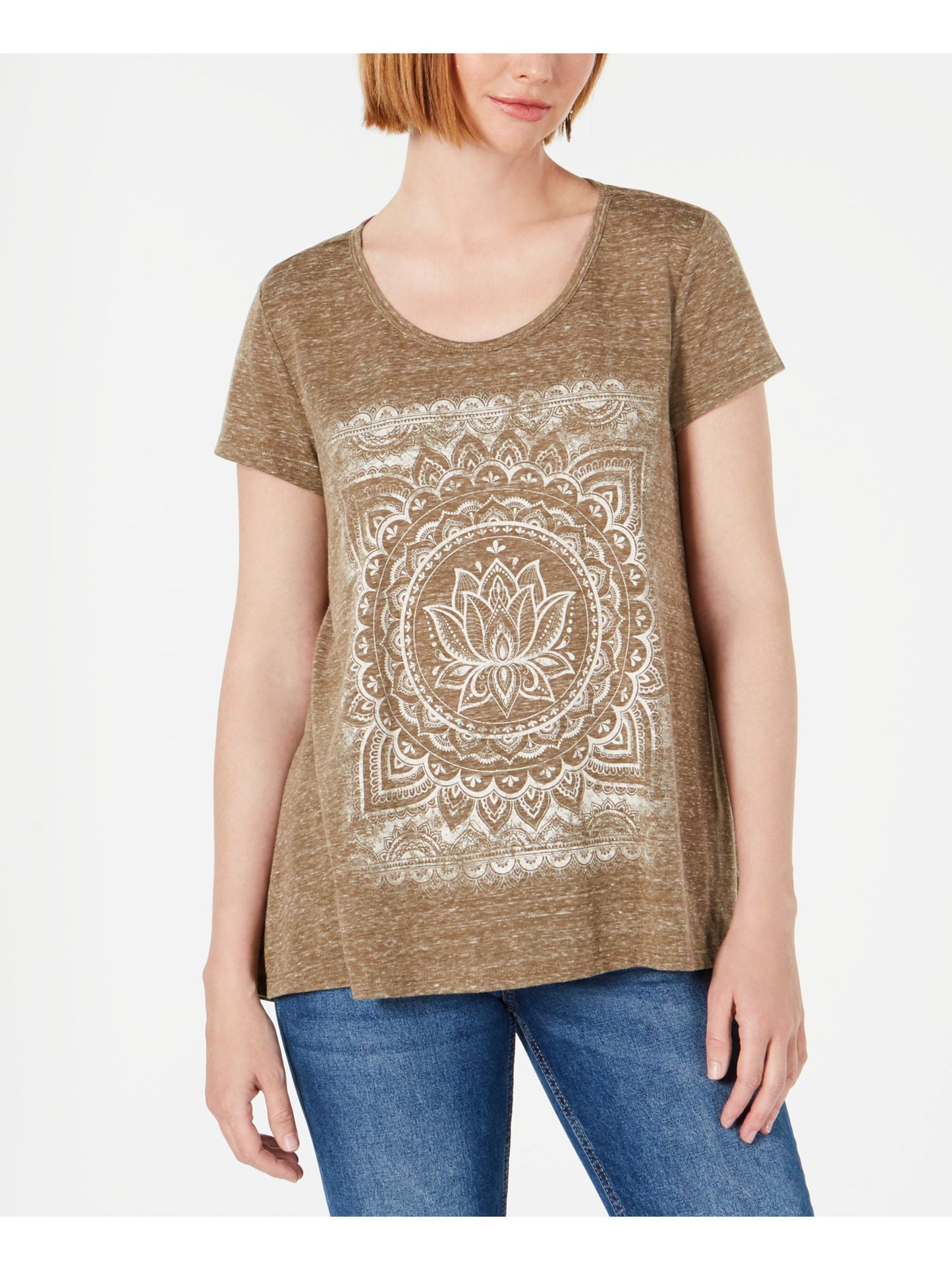 Camiseta feminina estampada de manga curta com decote em joia, estilo &amp; co, verde oliva, tamanho pequeno