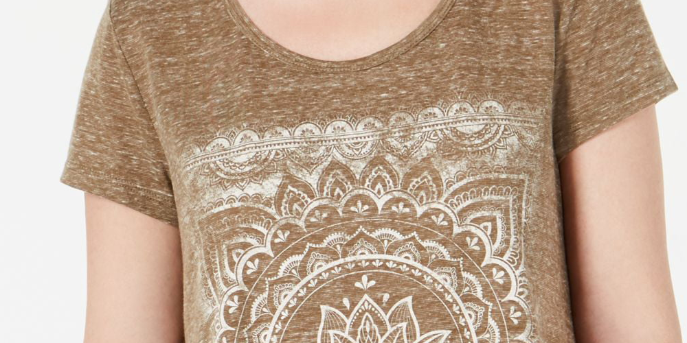 Camiseta feminina estampada de manga curta com decote em joia, estilo &amp; co, verde oliva, tamanho pequeno